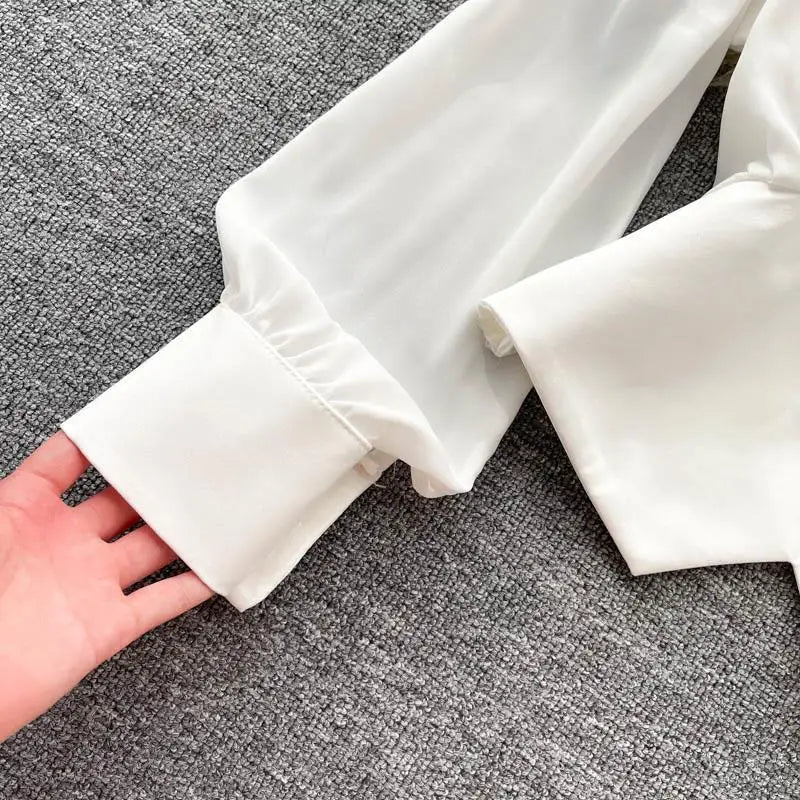 White Casual Polo-Neck Pullover Buttons Puff Sleeve Straight Women's Blouse Short Shirt Female Clothing Tops 2024 Fashion