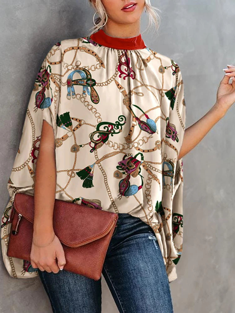 Casual Loose Women's Blouse Fashion Batwing Sleeve Print O-neck Shirts Top Spring Summer Office Lady Blouses Elegant Tops 2024