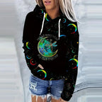 Moon Print Kangaroo Pocket Hoodie, Casual Long Sleeve Drawstring Hoodies Sweatshirt Women's Clothing