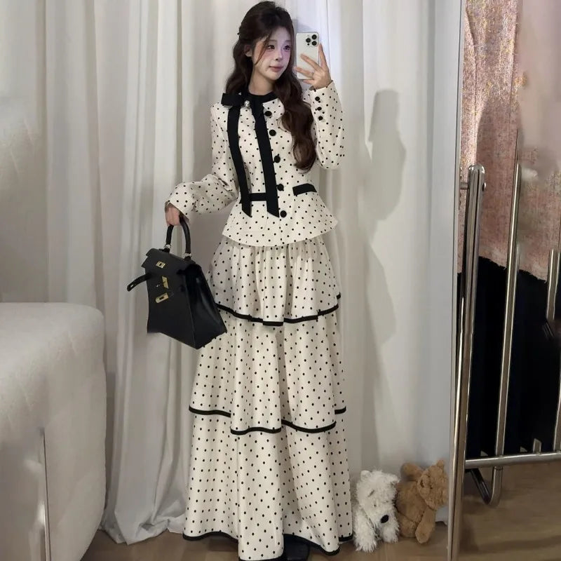 Korean Fashion Elegant Beige Polka Dot Women Set Long-sleeved Single Button Top High Waist A-line Ruffled Tiered Long Skirt 2pcs Main image