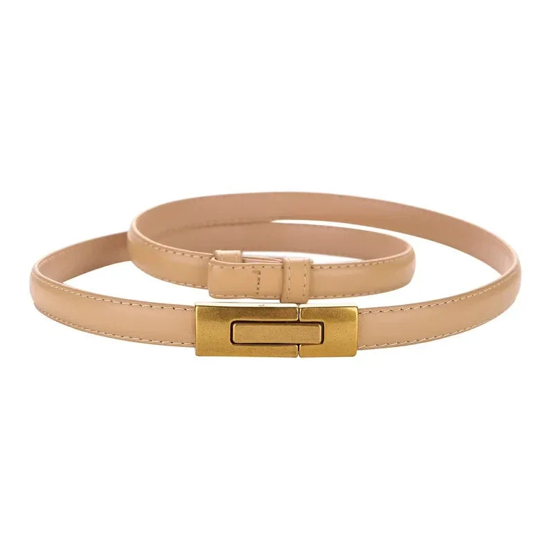 Adjustable Women’s Skinny Thin Belt, Classic Solid Color Genuine Leather Waistband for Trendy Coats and Dresses