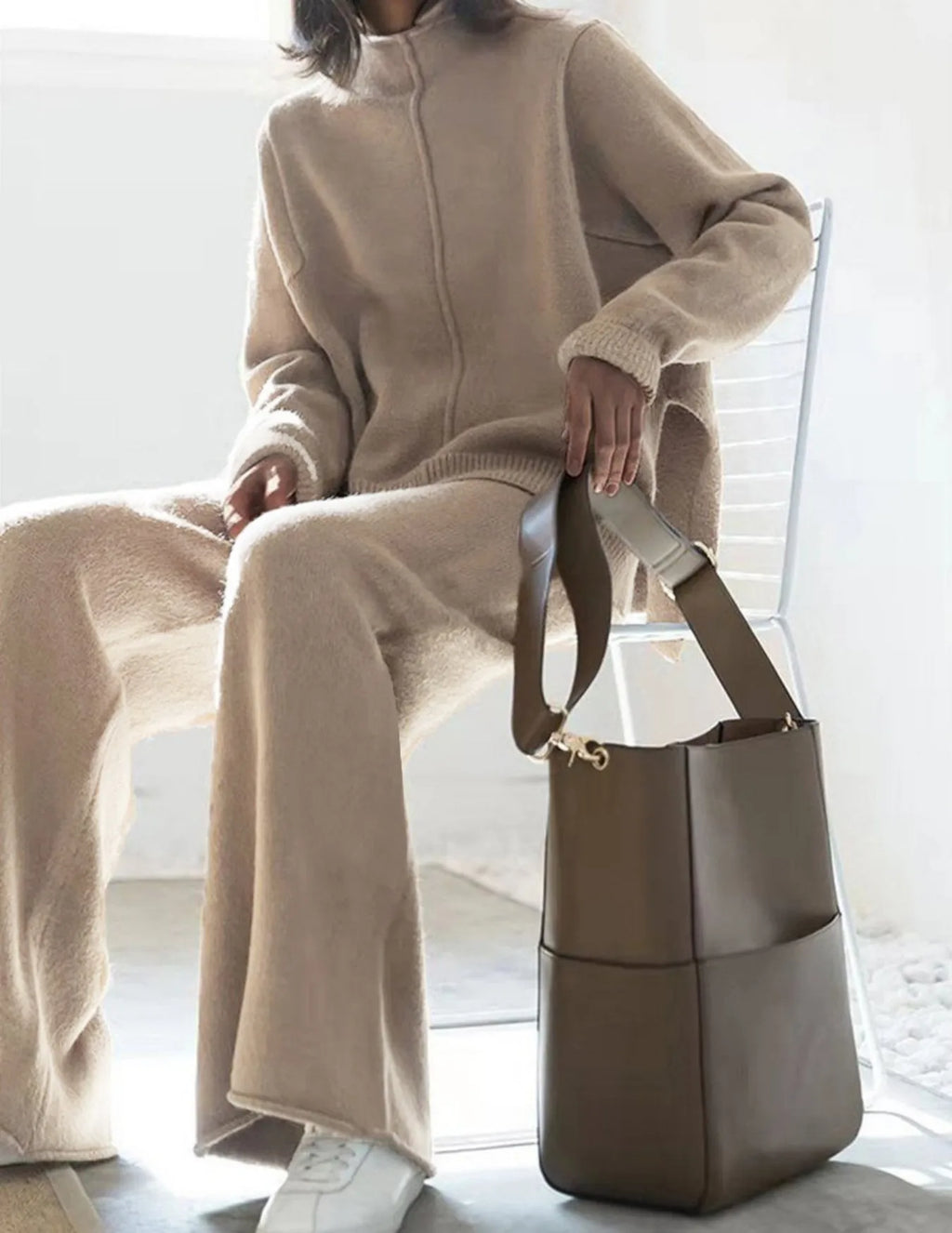 Women's Beige Oversized Knit Two-Piece Set with Half-Zip Sweater And Wide-Leg Pants Casual Loungewear