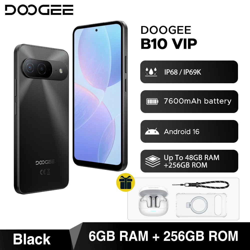 World Premiere DOOGEE B10 Smartphone 7600mAh Battery 6GB 256GB 6.6'' Display 64MP AI Camera Gemini AI Android 16 Mobile Phone