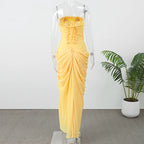 Women Solid Pleated Sexy Strapless Dress Lady Chic Off-shoulder Backless High Waist Split Dresses 2026 New Evening Party Gown