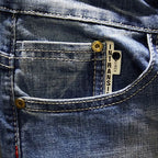 American Elastic Straight Jeans Men Ripped Worn-out Slim-fit Cotton Denim Pants Korean Style Fashion Blue Black Men's Clothing