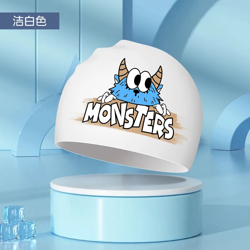 Kids Swim Cap High Elastic Waterproof Silicone Breathable Lightweight Cartoon Pattern for Pool Swimming Boys Girls Comfort Fit