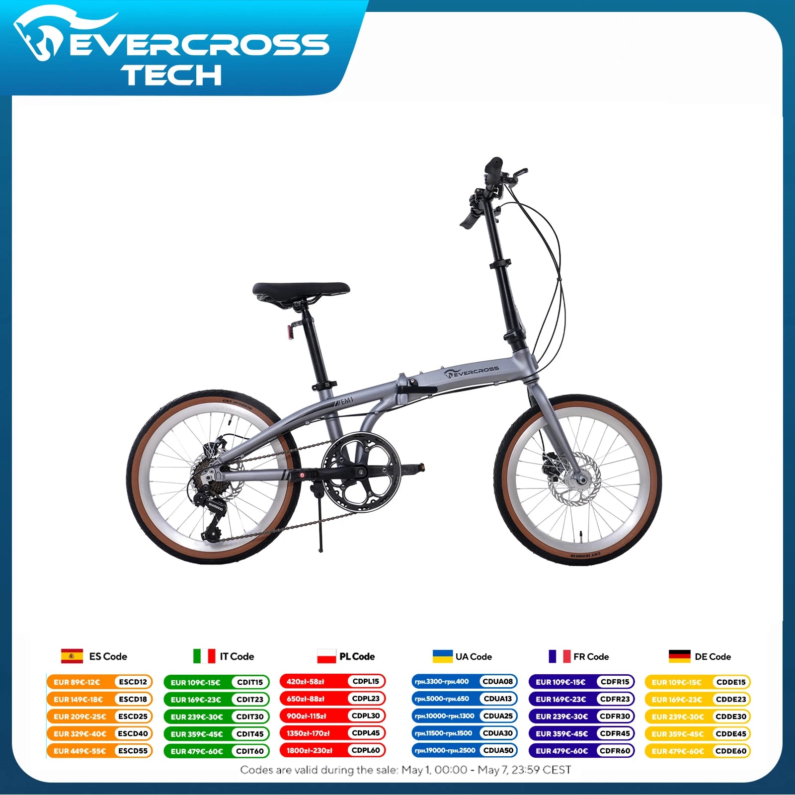 EVERCROSS TECH 20 inch folding bike-7 speeds-frame Ultra-light aluminum-disc brake-EM1 Main image