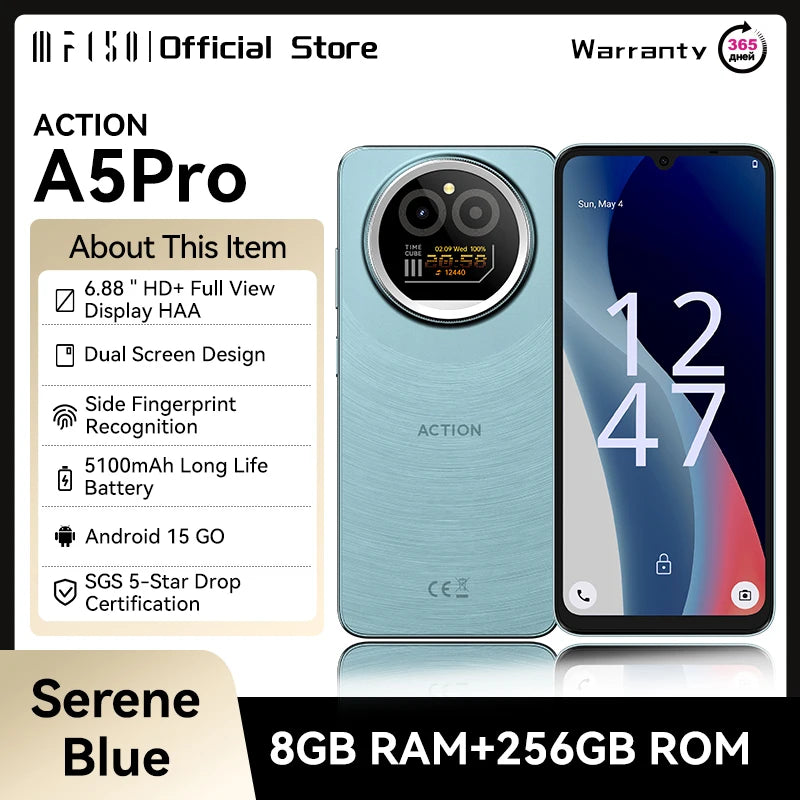IIIF150 Action A5Pro Phone Android 15 Go Smartphone 12GB RAM 256GB ROM 6.8inch HD+ HAA Display Dual Screen Design 5100mAh Batter
