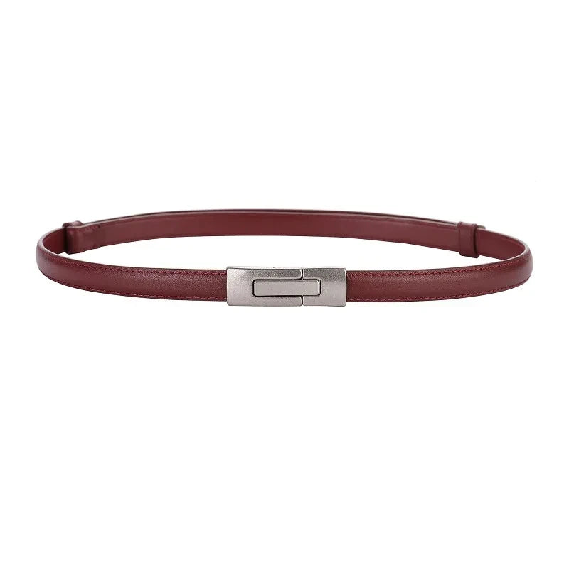 Adjustable Women’s Skinny Thin Belt, Classic Solid Color Genuine Leather Waistband for Trendy Coats and Dresses