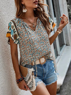 Summer Floral Print Blouses For Women Fashion V Neck Short Sleeve Boho Beach Casual Tops Female Elegant Shirt New Womenes