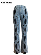 CM.YAYA Women Vintage Cutout Hollow Out Criss Cross Straight Denim Pants 2024 Fashion INS High Waist Wide Leg Jeans Trousers