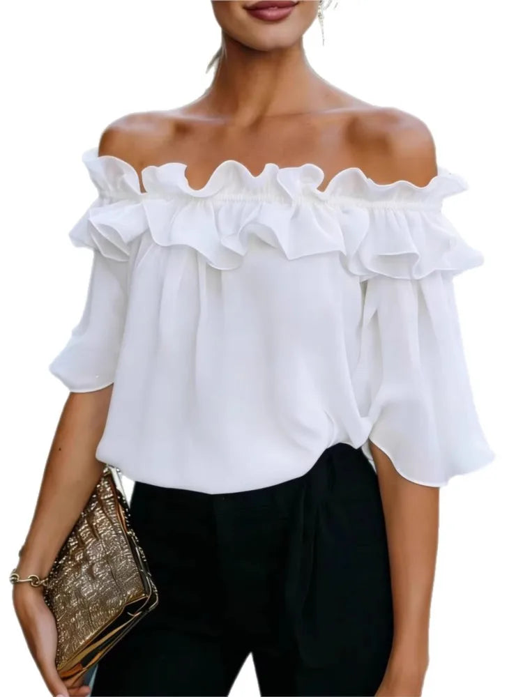 Fashion Ruffled Sexy One Shoulder Women's Short Sleeve Shirt Summer New Casual Loose Tops Female Elegant Versatile Office Shirt