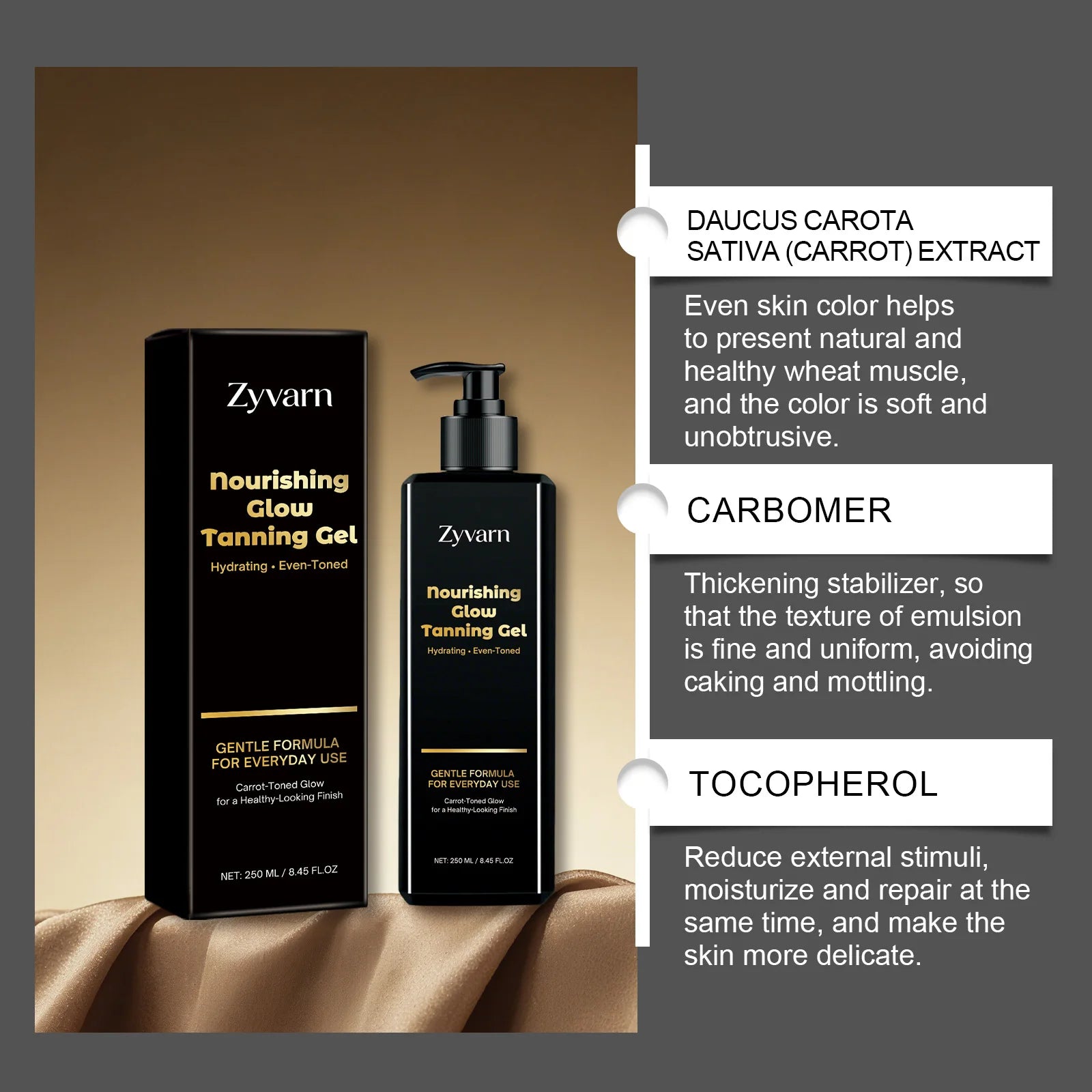 Tanning Gel Instant Bronzer Self Tanning Mousse Hydrating Natural Glow Sun Kissed Buildable Color Nourishing Moisturizing 250ml