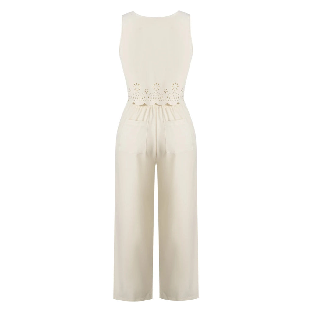 Women's Beige 2-Piece Set Sleeveless Crop Top And Wide Leg Pants Spring Summer Casual Commuting Vacation Outfit